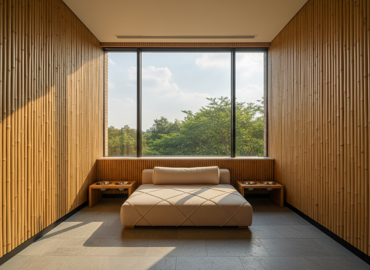 A serene, upscale dog suite interior at a resort built primarily from warm, vertical bamboo panels and smooth stone flooring. A plush, neutral-toned dog bed with subtle stitching detail sits centered against the bamboo wall, flanked by two minimalist stainless-steel bowls on a low bamboo stand. In the background, a large floor-to-ceiling window reveals out-of-focus greenery and sky. Soft afternoon natural light pours in, casting delicate linear shadows from the bamboo texture across the floor and bed. Photographic realism, wide-angle eye-level view with sharp clarity throughout. The mood is tranquil, safe, and luxurious, conveying a high-end “Bamboo Dog Resort” environment without any animals present.