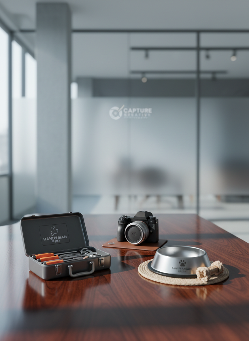 A polished, dark wood executive desk holds three distinct branded objects arranged in a clean, organized triangle: a compact toolbox with neatly arranged tools symbolizing handyman services, a sleek stainless-steel dog bowl beside a textured bamboo chew toy representing a dog resort, and a high-end mirrorless camera with a prime lens angled slightly forward for commercial photography. The background is a softly blurred modern office with neutral tones and subtle architectural lines. Cool, diffused daylight from a large window creates gentle highlights on metal surfaces and soft shadows along the desk grain. Photographic realism, eye-level composition with moderate depth of field, professional and cohesive mood, styled like a sophisticated brand overview hero image for a multi-service company.