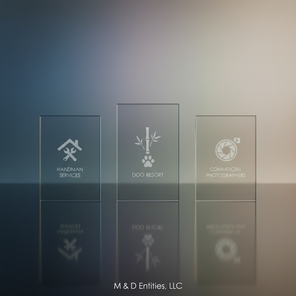 A minimalist, professional homepage-style hero composition showing three rectangular glass panels standing upright on a reflective black surface, each panel subtly etched with an icon: a house with tools for handyman services, a stylized bamboo stalk with a paw print for the dog resort, and a camera aperture symbol for commercial photographers. Behind them, a softly blurred gradient background transitions from cool blues to warm neutrals. Directional side lighting creates crisp, elegant reflections and refractions through the glass, casting refined shadows across the surface. Photographic realism with a slightly elevated, centered composition and moderate depth of field. The atmosphere is sophisticated, cohesive, and corporate, visually uniting three distinct service brands under the M & D Entities, LLC umbrella.