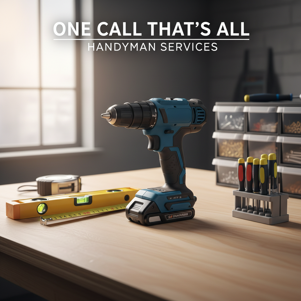A tidy, well-equipped handyman workbench featuring a neatly arranged set of tools: a cordless drill, level, measuring tape, and precision screwdrivers, all in pristine condition with subtle wear on the rubber grips to show reliability. The tools rest on a smooth, light-colored plywood surface with organized storage bins in the softly blurred background. Overhead workshop lighting combines with gentle side daylight from a nearby high window, creating crisp reflections on metal and clean, defined shadows. Photographic realism at a slightly elevated angle, with the drill in sharp focus and the rest softly receding. The mood is competent, trustworthy, and efficient, perfectly suited for a “One Call That’s All” handyman brand cover image.