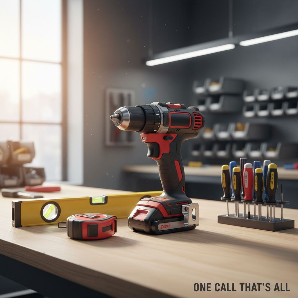 A tidy, well-equipped handyman workbench featuring a neatly arranged set of tools: a cordless drill, level, measuring tape, and precision screwdrivers, all in pristine condition with subtle wear on the rubber grips to show reliability. The tools rest on a smooth, light-colored plywood surface with organized storage bins in the softly blurred background. Overhead workshop lighting combines with gentle side daylight from a nearby high window, creating crisp reflections on metal and clean, defined shadows. Photographic realism at a slightly elevated angle, with the drill in sharp focus and the rest softly receding. The mood is competent, trustworthy, and efficient, perfectly suited for a “One Call That’s All” handyman brand cover image.
