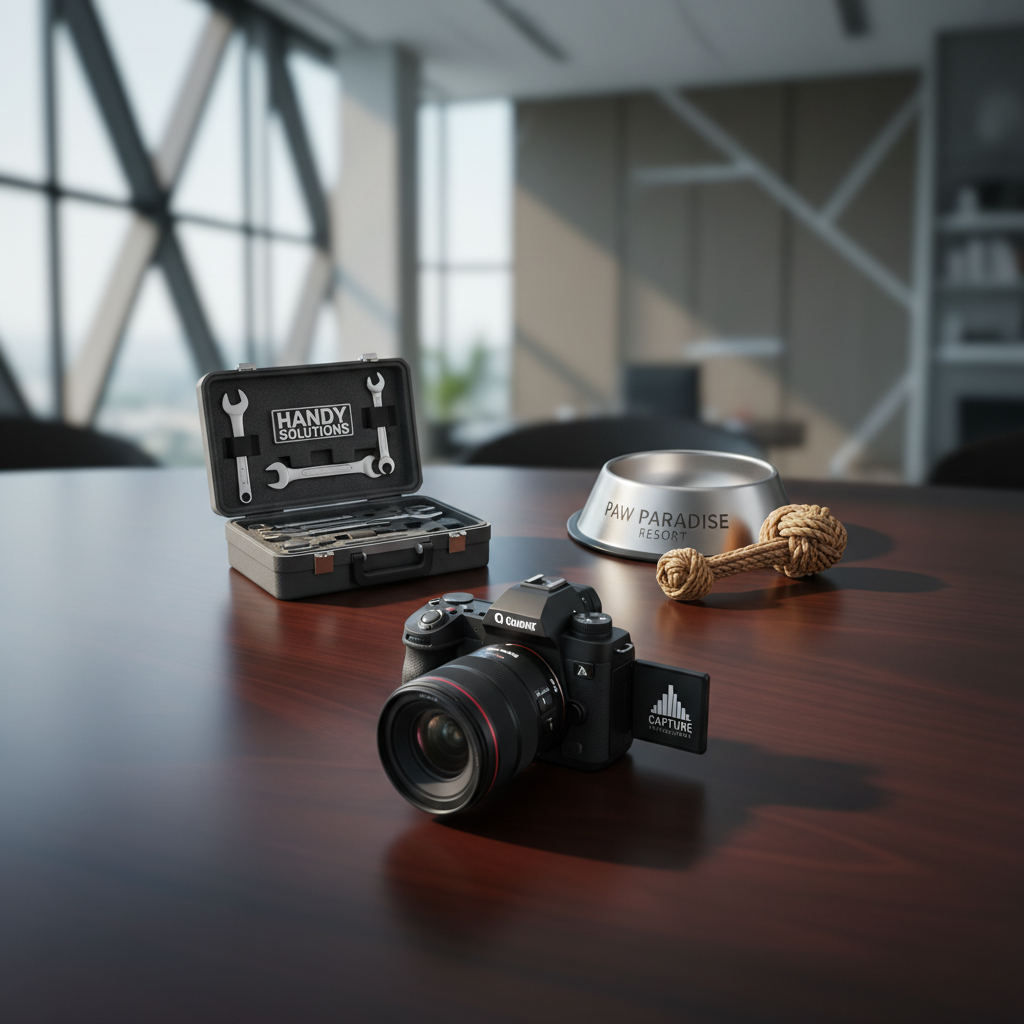A polished, dark wood executive desk holds three distinct branded objects arranged in a clean, organized triangle: a compact toolbox with neatly arranged tools symbolizing handyman services, a sleek stainless-steel dog bowl beside a textured bamboo chew toy representing a dog resort, and a high-end mirrorless camera with a prime lens angled slightly forward for commercial photography. The background is a softly blurred modern office with neutral tones and subtle architectural lines. Cool, diffused daylight from a large window creates gentle highlights on metal surfaces and soft shadows along the desk grain. Photographic realism, eye-level composition with moderate depth of field, professional and cohesive mood, styled like a sophisticated brand overview hero image for a multi-service company.