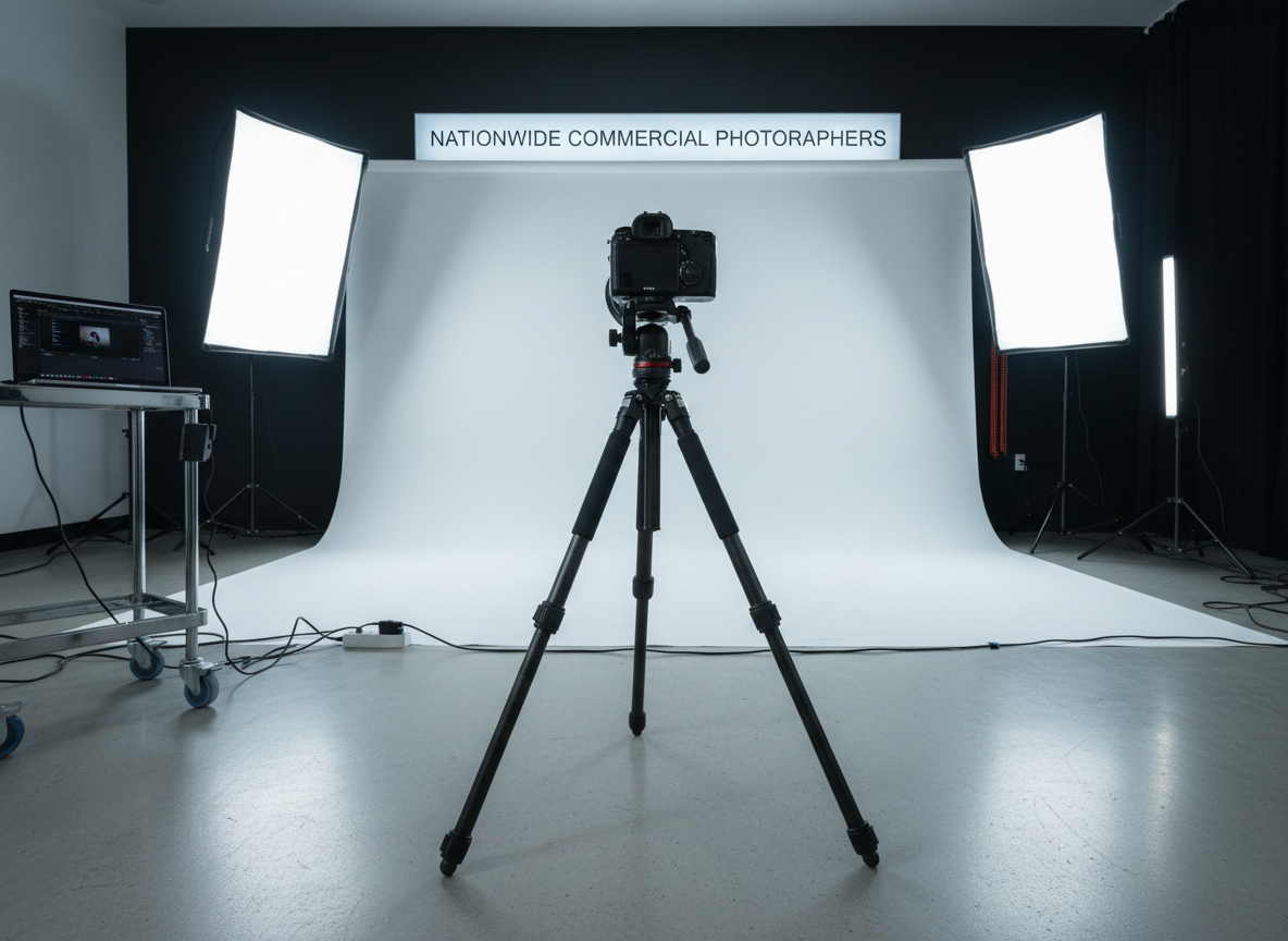 A professional commercial photography setup in a modern studio: a high-end full-frame camera mounted on a sturdy carbon-fiber tripod stands center frame, facing a seamless white backdrop. Around it, two tall softbox lights and a strip light are carefully positioned, cables neatly routed along the smooth concrete floor. A laptop with a clean, dark interface sits on a rolling cart to the side, slightly out of focus. Cool, controlled studio lighting creates crisp, clean highlights on the camera body and tripod, with soft, gradient shadows falling behind. Photographic realism, shot from a low, cinematic angle that emphasizes precision and capability. The mood is polished, nationwide-scale professional, ideal for a “Nationwide Commercial Photographers” brand.