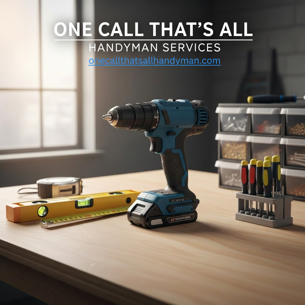 A tidy, well-equipped handyman workbench featuring a neatly arranged set of tools: a cordless drill, level, measuring tape, and precision screwdrivers, all in pristine condition with subtle wear on the rubber grips to show reliability. The tools rest on a smooth, light-colored plywood surface with organized storage bins in the softly blurred background. Overhead workshop lighting combines with gentle side daylight from a nearby high window, creating crisp reflections on metal and clean, defined shadows. Photographic realism at a slightly elevated angle, with the drill in sharp focus and the rest softly receding. The mood is competent, trustworthy, and efficient, perfectly suited for a “One Call That’s All” handyman brand cover image.