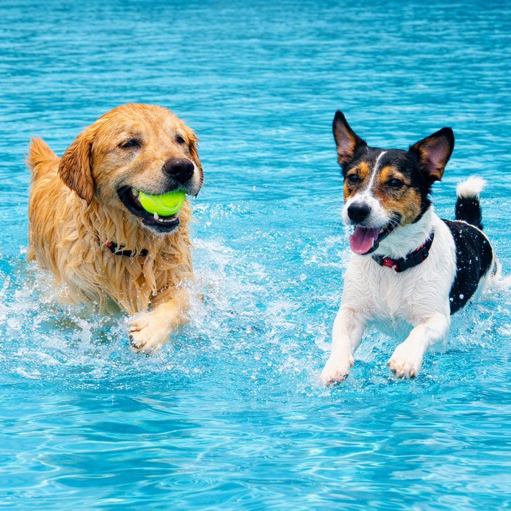 A golden retriever with a tennis ball and a small black, white, and brown dog playing in a pool