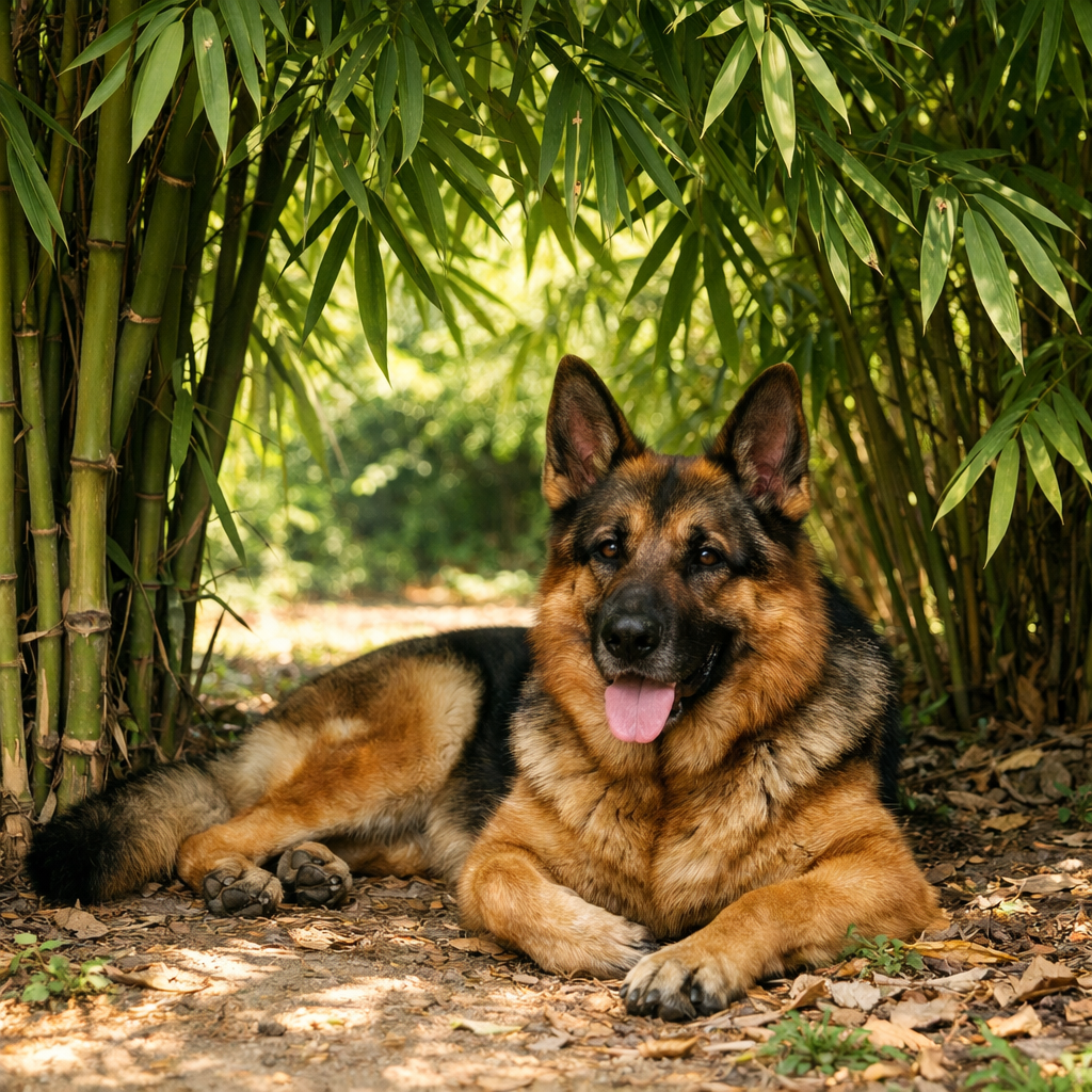 German shepherd dog resting on leaf-covered ground under bamboo plants